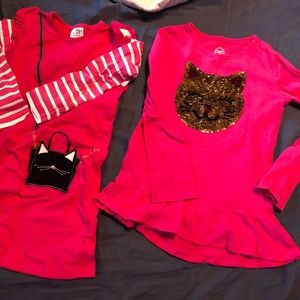 Girl's long sleeved Red cat dress and Pink sequin cat shirt, 4-5 y/o